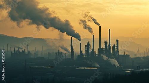 Silhouette of an industrial plant with smokestacks emitting smoke against a yellow sky at sunset.