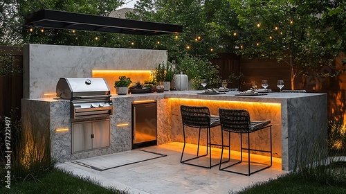 A full outdoor kitchen setup with a stainless steel grill, marble counters, a built-in fridge, and modern bar seating,