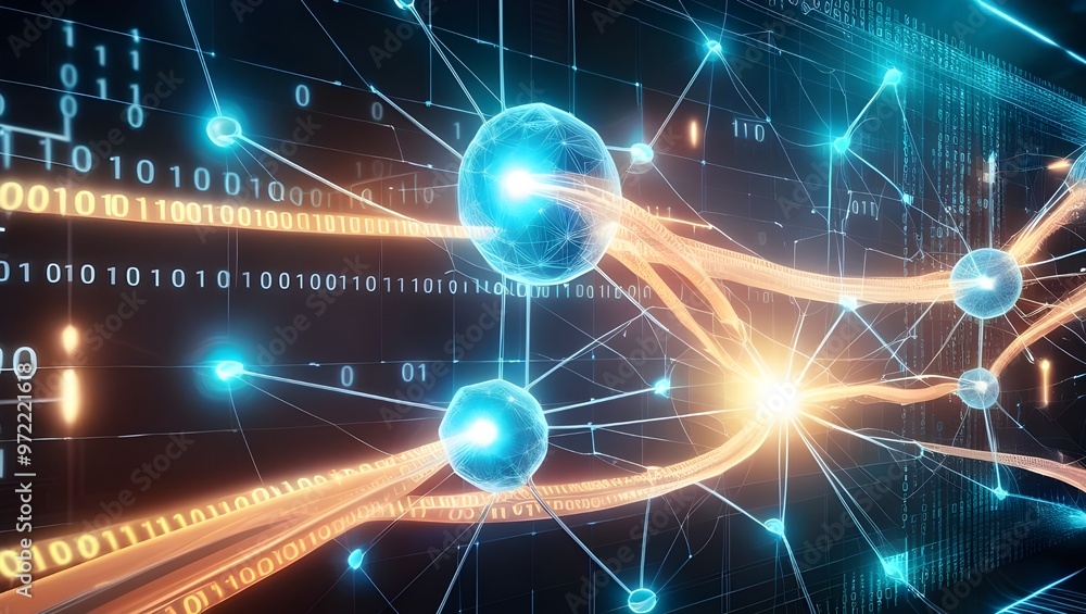 abstract illustration of data flowing through a network of nodes abstract illustration of data flowing through a network of nodes
