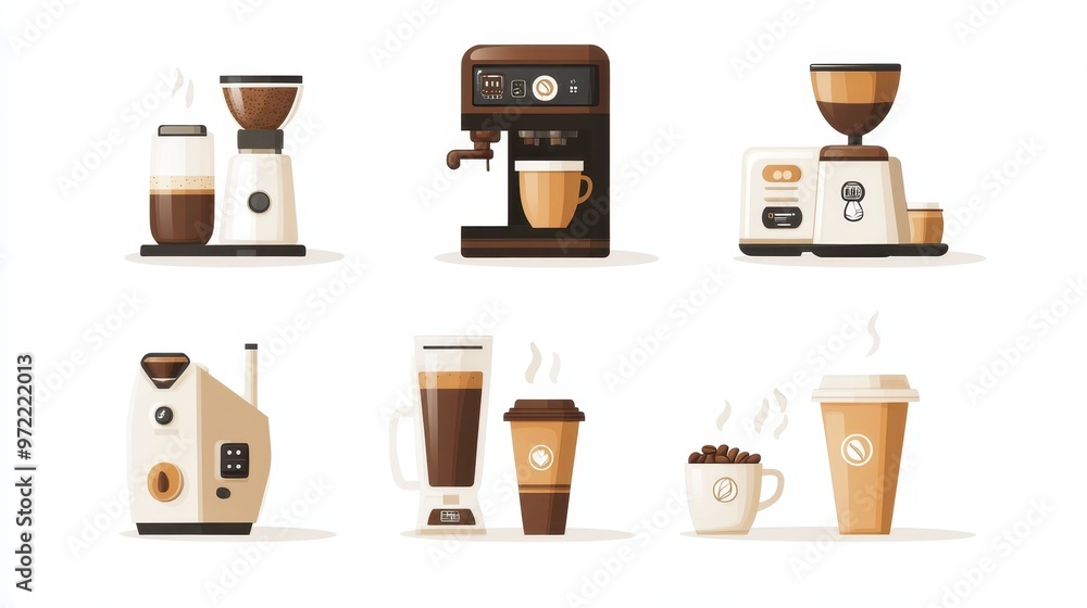 Artistic set of vector coffee machines and coffee drinks isolated on brown background,hand-drawn vector,coffee cups and coffee beans,modern flat design,Fashionable and cute coffee motif concept. Artistic set of vector coffee machines and coffee drinks isolated on brown background,hand-drawn vector,coffee cups and coffee beans,modern flat design,Fashionable and cute coffee motif concept.