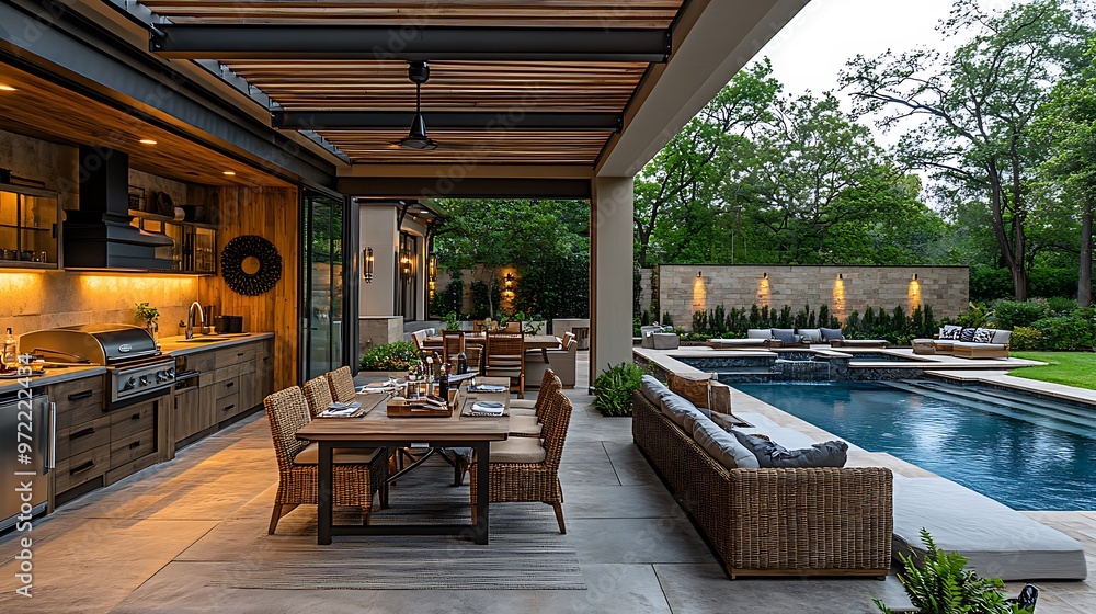 A high-end outdoor BBQ cabana featuring a fully equipped kitchen, elegant rattan furniture, soft lighting under a pergola, and a view of a luxurious pool, perfect for evening entertaining. A high-end outdoor BBQ cabana featuring a fully equipped kitchen, elegant rattan furniture, soft lighting under a pergola, and a view of a luxurious pool, perfect for evening entertaining.