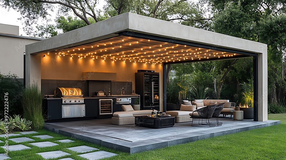 A high-end BBQ cabana with modern outdoor furniture, a spacious grill station, a built-in refrigerator, and a canopy adorned with string lights, A high-end BBQ cabana with modern outdoor furniture, a spacious grill station, a built-in refrigerator, and a canopy adorned with string lights,
