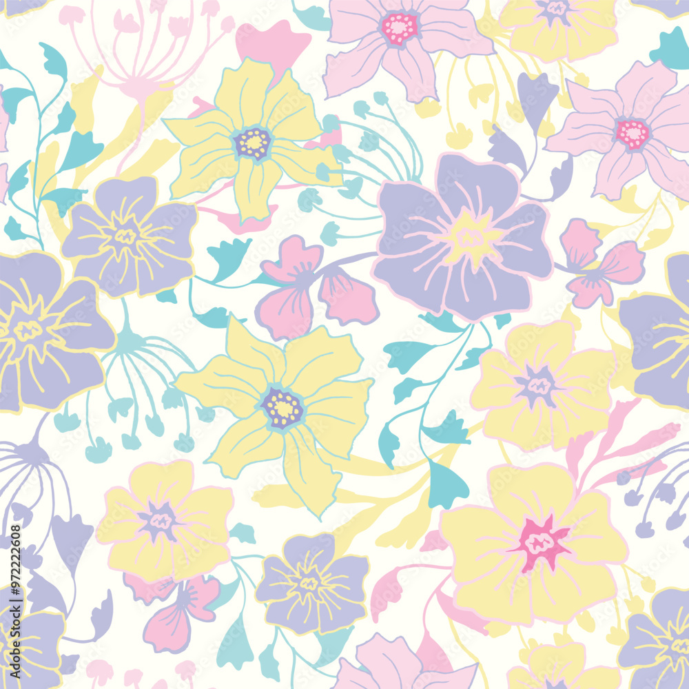 Floral Seamless Pattern, Meadow, Boho Vintage Style, Spring Sale, Discount, Fabric, Textile, Background, Vector Hand-Drawn Pastel Flowers Wallpaper. Floral Seamless Pattern, Meadow, Boho Vintage Style, Spring Sale, Discount, Fabric, Textile, Background, Vector Hand-Drawn Pastel Flowers Wallpaper.