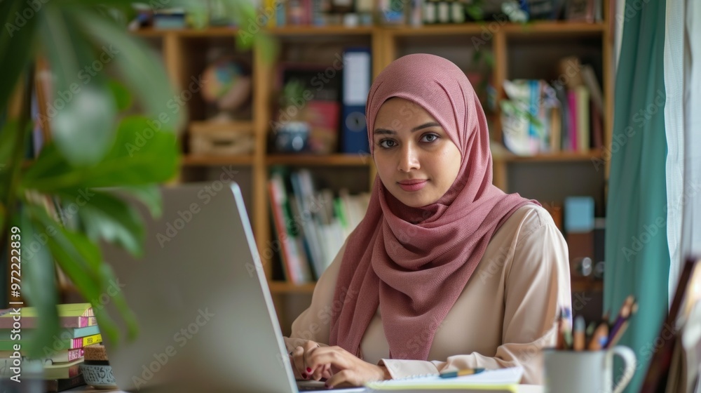 Profile young Muslim woman in hijab working from home at laptop Profile young Muslim woman in hijab working from home at laptop