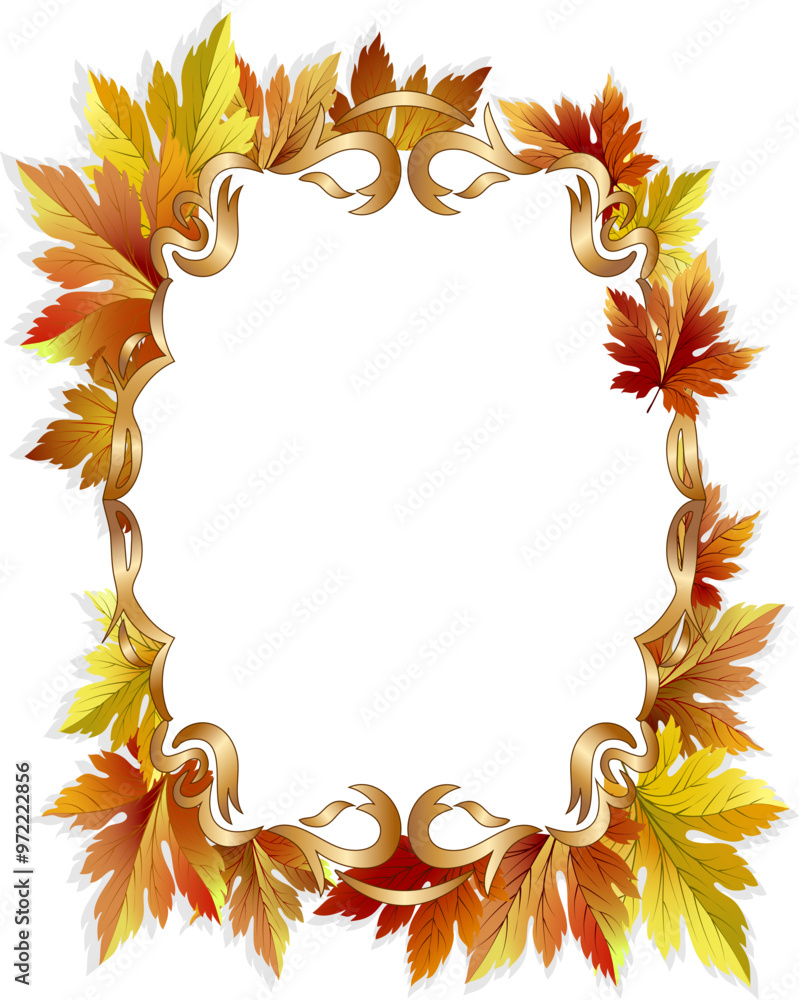 Golden frame with autumn leaves.Vector illustration with a beautiful golden frame and bright autumn leaves in the decor. Golden frame with autumn leaves.Vector illustration with a beautiful golden frame and bright autumn leaves in the decor.