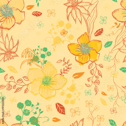 Seamless Floral Pattern with Pastel Flowers and Blossoms, Boho Vintage Style, Light Beige Background, Hand-Drawn Organic Shapes for Wallpaper, Textile, Packaging, and Fabric Design.