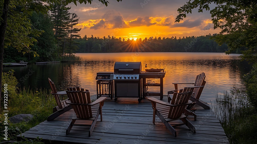 A lakeside BBQ retreat with a grill and Adirondack chairs arranged on a rustic dock, the calm water stretching out under a golden sunset, surrounded by trees and the peaceful sounds of nature. A lakeside BBQ retreat with a grill and Adirondack chairs arranged on a rustic dock, the calm water stretching out under a golden sunset, surrounded by trees and the peaceful sounds of nature.