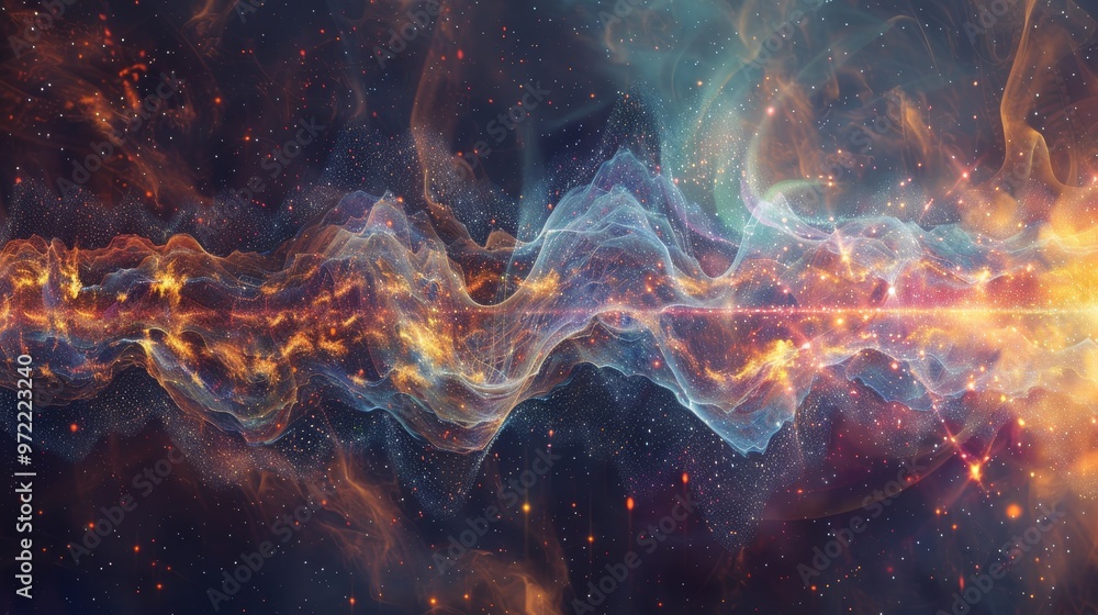 Artistic representation of the transition from universe to atoms, energy, and sound frequencies Artistic representation of the transition from universe to atoms, energy, and sound frequencies