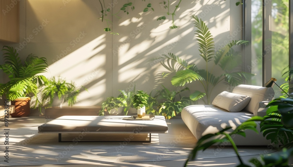 Obraz premium Contemporary Styled Living Area with Natural Sunlight and Greenery Accents, Bright and Inviting, Clean Design