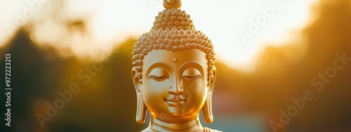 The sun shines on the golden Buddha statue, concept of Buddhism, spiritual balance, mental practices tranquility, Asian tradition culture, space for text photo