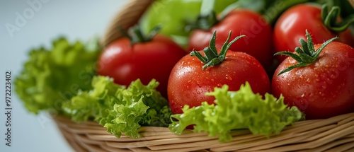 Close up photo of a basket of tomatos and lettuce and spring onion