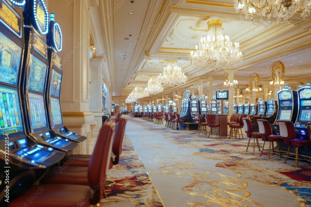 Fototapeta premium Elegant casino interior featuring numerous slot machines, luxurious decor, and a bright, inviting atmosphere for entertainment.