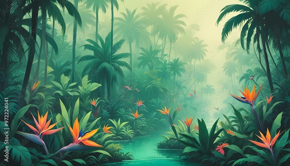 A tropical jungle scene with lush green foliage, colorful flowers including bird of paradise A tropical jungle scene with lush green foliage, colorful flowers including bird of paradise
