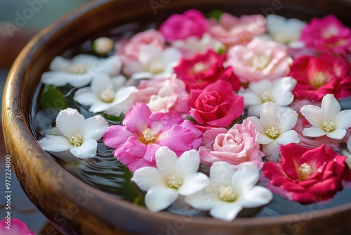 Jasmine and roses flourish in a water bowl, honoring the songkran festival in thailand photo