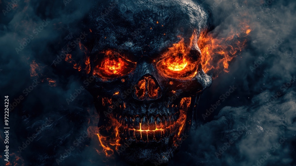 A fiery skull emerges from dark smoke, creating a dramatic and intense visual impact. A fiery skull emerges from dark smoke, creating a dramatic and intense visual impact.
