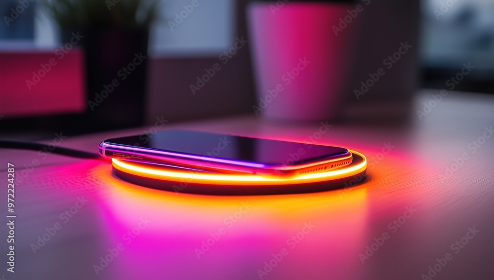 Vibrant LED glow effect under mobile phone on pink neon wireless charger, creating a serene ambiance. Vibrant LED glow effect under mobile phone on pink neon wireless charger, creating a serene ambiance.