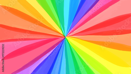 手描き水彩の虹色カラフルサンバースト放射背景　16:9