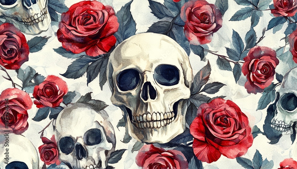 Classic Skulls and Red Roses Pattern on White Background Creating a Gothic Halloween Design Classic Skulls and Red Roses Pattern on White Background Creating a Gothic Halloween Design