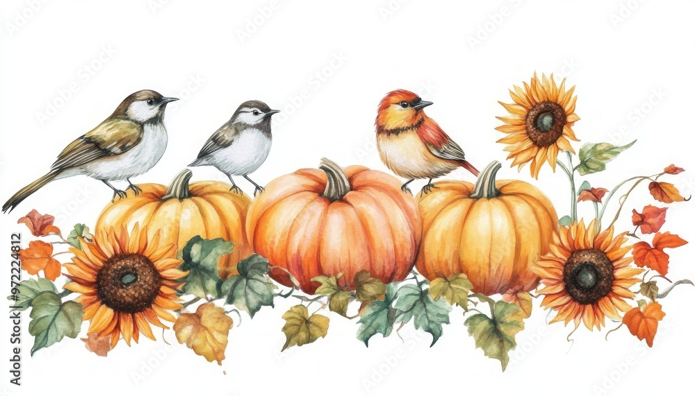Pumpkins, Sunflowers, and Birds on White Background Creating a Harvest Theme Illustration Pumpkins, Sunflowers, and Birds on White Background Creating a Harvest Theme Illustration