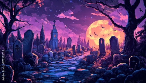 Wallpaper Mural Cartoon Spooky Halloween Cemetery with Ghosts and Full Moon in Background Torontodigital.ca