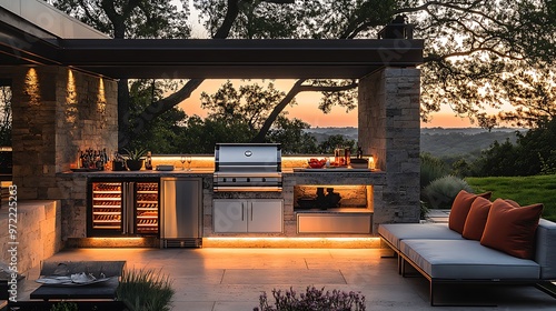 Wallpaper Mural A luxury outdoor kitchen featuring a stainless steel grill, a large refrigerator, and polished stone counters, with sleek modern seating and soft ambient lighting under a pergola, Torontodigital.ca