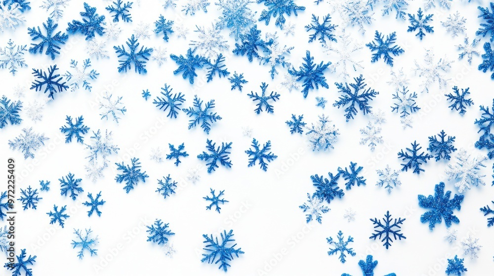 A collection of blue and white snowflakes scattered on a white background. A collection of blue and white snowflakes scattered on a white background.