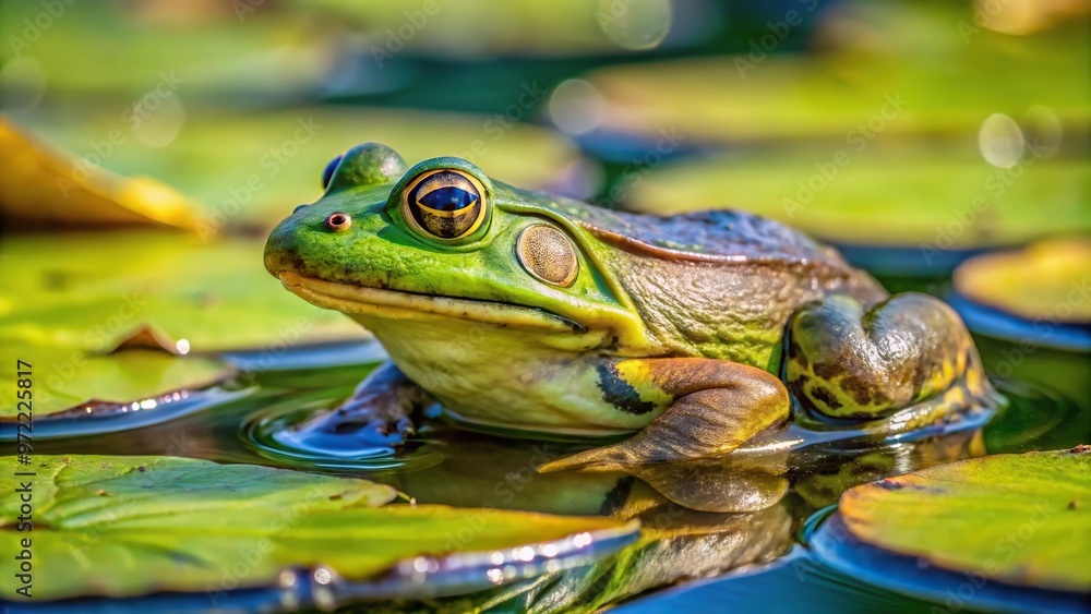 Bullfrog resting on lily pad in pond at Steigerwald National Wildlife Refuge Bullfrog resting on lily pad in pond at Steigerwald National Wildlife Refuge