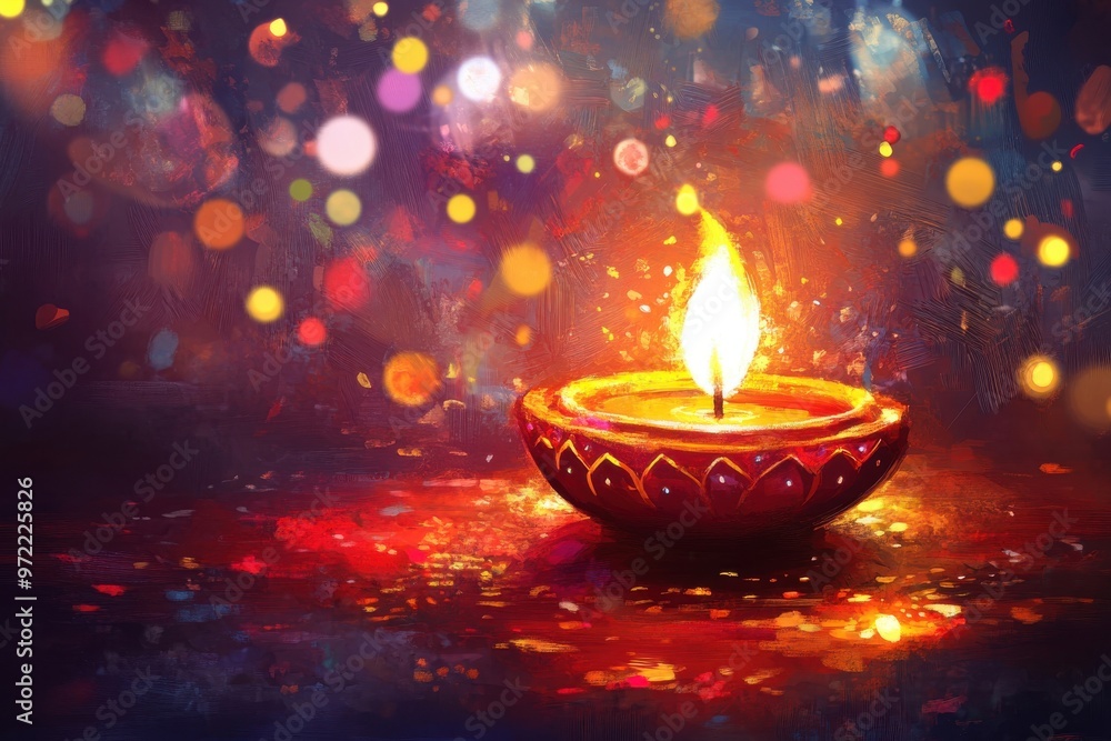 Delightful diwali creations. Commemorating diwali, showcasing a stunning diya, sparkling golden illuminations, and a colorful setting Delightful diwali creations. Commemorating diwali, showcasing a stunning diya, sparkling golden illuminations, and a colorful setting