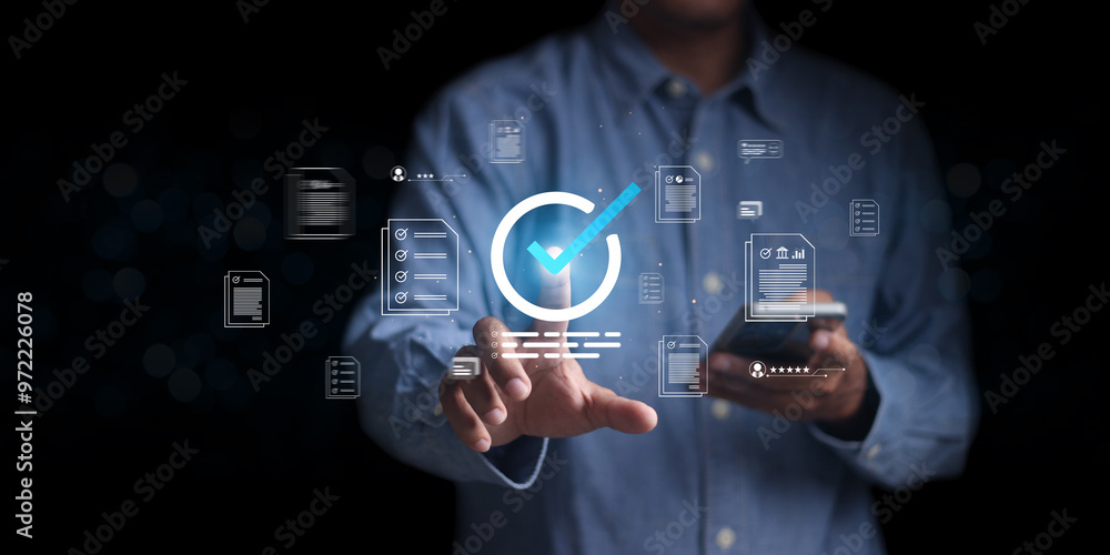 Businessman Take an assessment, Check list, questionnaire, evaluation, filling out an online survey form. Answer the test questions. online survey exam Choosing the right answer in the exam, Businessman Take an assessment, Check list, questionnaire, evaluation, filling out an online survey form. Answer the test questions. online survey exam Choosing the right answer in the exam,
