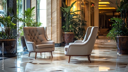 Comfortabl chairs in a luxury hotl lobby for a srn gust xprinc. photo