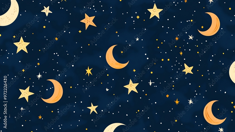 Naklejka premium Seamless pattern of stars and crescent moons on a dark blue background.