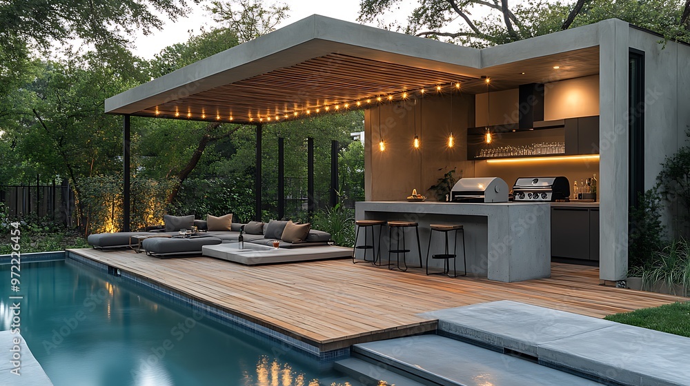 A modern poolside BBQ area with a concrete grill station, wooden deck, and a pergola illuminated by string lights, cozy lounge seating, and a stylish bar with stools, perfect for an evening cookout. A modern poolside BBQ area with a concrete grill station, wooden deck, and a pergola illuminated by string lights, cozy lounge seating, and a stylish bar with stools, perfect for an evening cookout.