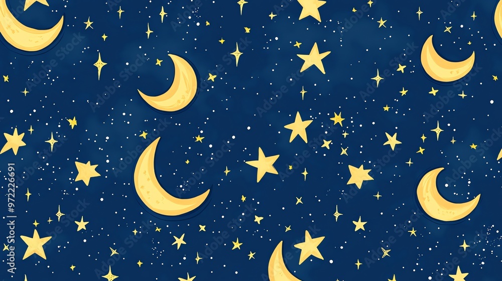 Naklejka premium A seamless pattern with a starry night sky with yellow moons and stars.