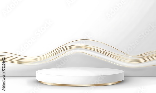 White podium with elegant gold wave lines on the back for product presentation. Display of cosmetic products. Stage or podium. Generative Ai