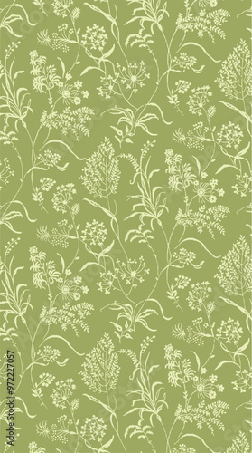 Pattern of white illustrated foliage on a sage green background, evoking a vintage and elegant feel.