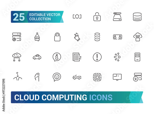 Set of line icons related to cloud computing, cloud services, digital transformation. server, cyber security and more, Outline icons collection. Editable stroke.