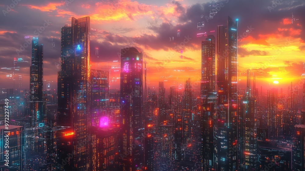 custom made wallpaper toronto digitalA futuristic city skyline at sunset, with glowing lights and digital data streams in the air.