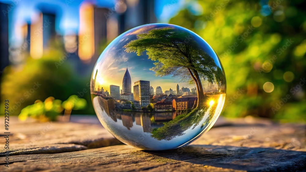 A transparent glass sphere featuring a glassmorphism effect, encapsulating a miniature city inside, skillfully blending elements of reality with fantasy. A transparent glass sphere featuring a glassmorphism effect, encapsulating a miniature city inside, skillfully blending elements of reality with fantasy.
