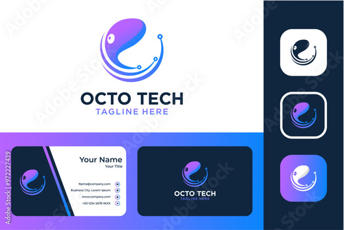 Modern Tech Octopus Logo Design with Business Card Template