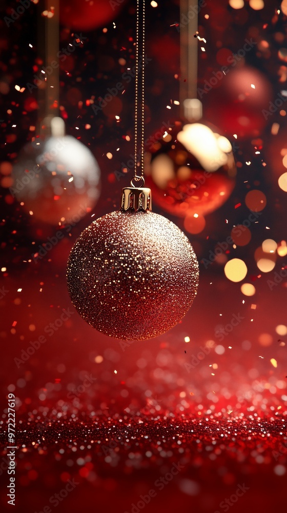 falling golden and silver glittering Christmas bauble, confetti flying around falling golden and silver glittering Christmas bauble, confetti flying around