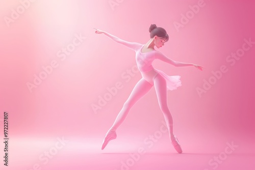 Woman ballerina dancing on pastel gradient background, 3D cartoon character