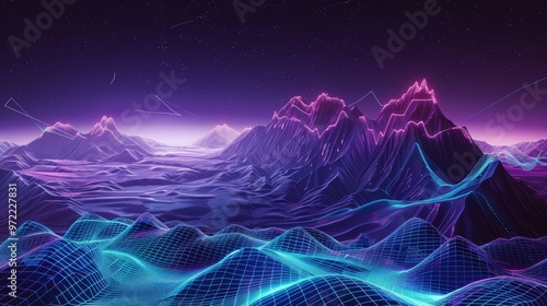 Futuristic cyber space landscape with geometric mountains and neon lights in purple and turquoise