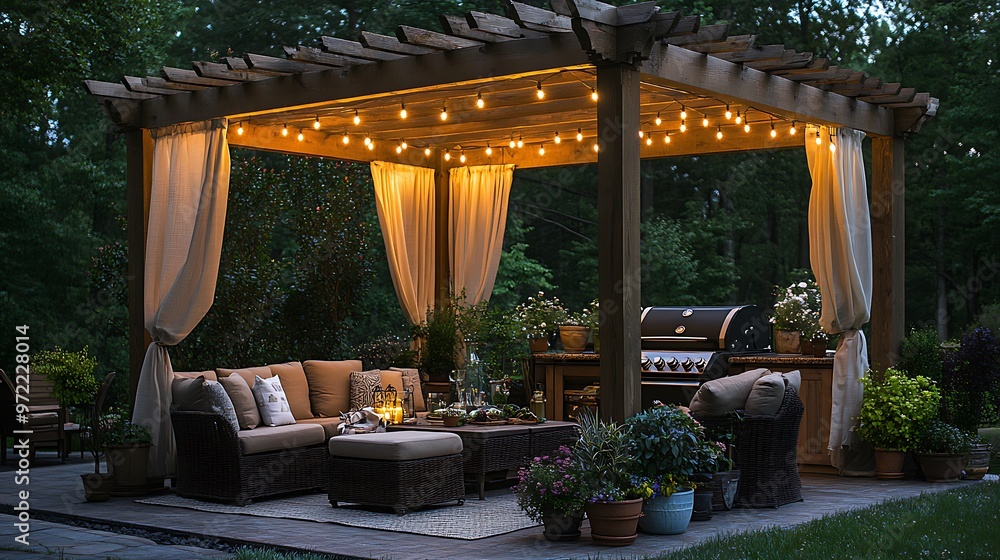 A pergola-shaded BBQ patio with string lights and outdoor curtains, comfortable cushioned seating, and a grill in the corner, surrounded by potted plants and greenery for a cozy evening get-together. A pergola-shaded BBQ patio with string lights and outdoor curtains, comfortable cushioned seating, and a grill in the corner, surrounded by potted plants and greenery for a cozy evening get-together.