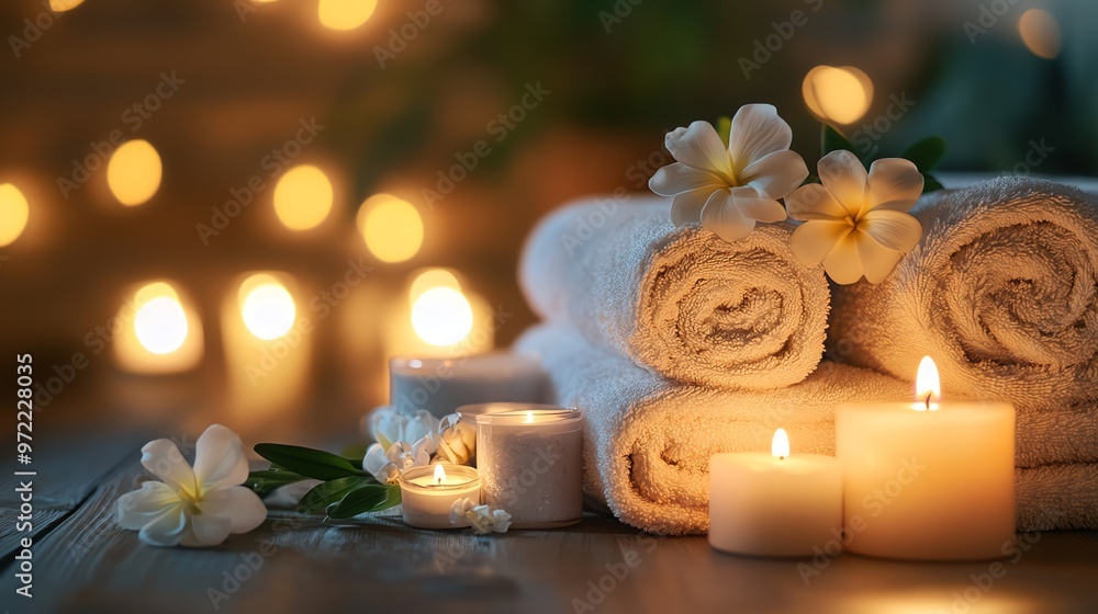 A spa setting with candles, flowers, and towels. A spa setting with candles, flowers, and towels.