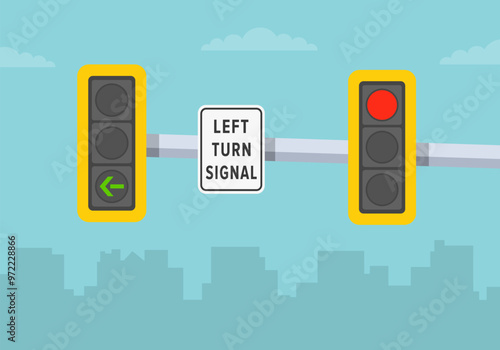 Traffic regulation tips and rules. Close-up view of a traffic two lights and "left turn signal" road sign. Flat vector illustration template.