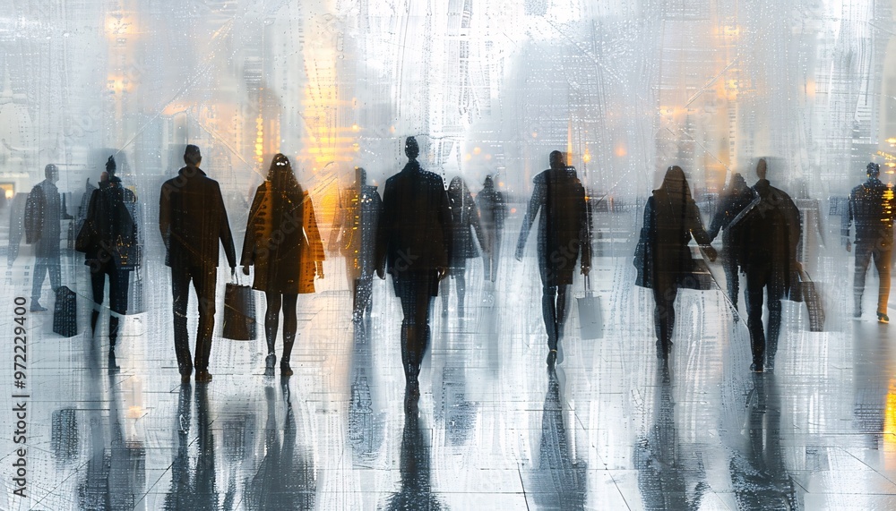 Blurred business people walking at trade fair or conference in modern hall.