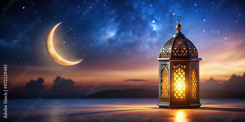 Ramadan lantern night with Crescent moon Long Shot, Ramadan, illuminated, Islamic, tradition, fasting, spirituality, holy month, crescent moon, Middle East, religious, Muslim, night Ramadan lantern night with Crescent moon Long Shot, Ramadan, illuminated, Islamic, tradition, fasting, spirituality, holy month, crescent moon, Middle East, religious, Muslim, night