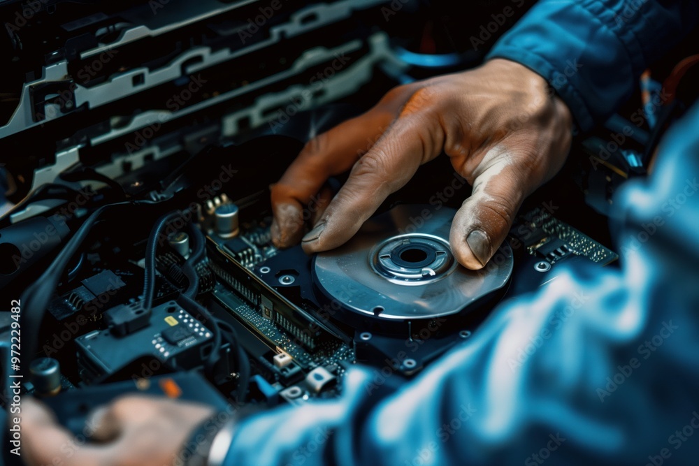 Header with repairman examining computer disk at workplace Header with repairman examining computer disk at workplace