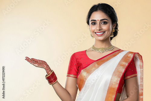 young indian woman showing hand palm on white background