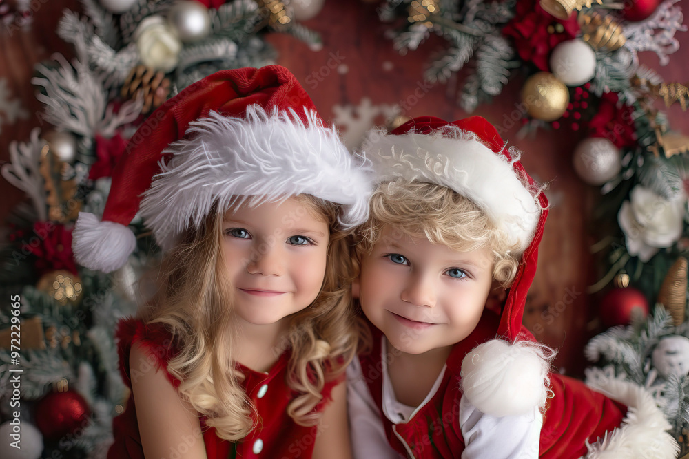 Little boy and girl in Santa Claus hats near the Christmas tree. Little boy and girl in Santa Claus hats near the Christmas tree.